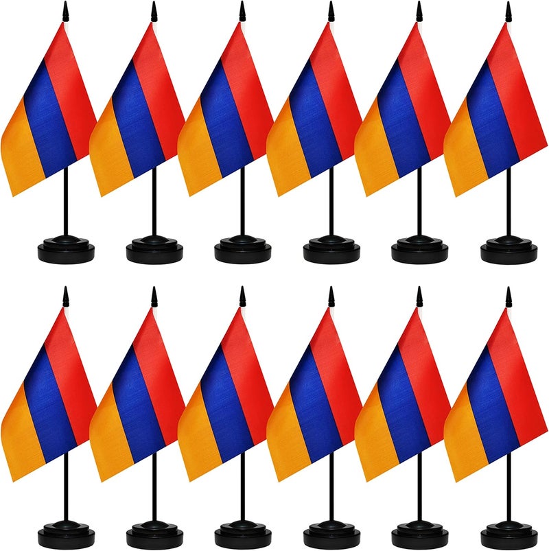 BCLin 12 Pack Armenia Desk Flags Set, Armenian Small Mini Table Office Flags With 12" Solid Black Pole, Black Base and Spear Top, Miniature Desktop Flag, Home Decoration, Office Decoration, Festival - Image 1